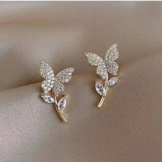 Golden Butterfly Flower Style Zircon Stud Earrings for Women & Girls