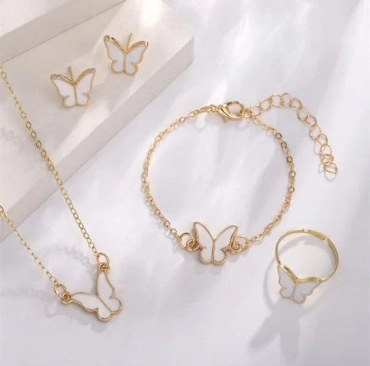 Butterfly Jewelry Set – Pack of 4 (Earrings, Ring, Bracelet, and Necklace)