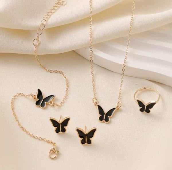 Butterfly Jewelry Set – Pack of 4 (Earrings, Ring, Bracelet, and Necklace)