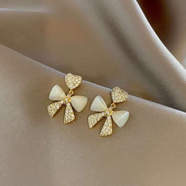 Heart Bow Zircon Korean Earrings for Women (Golden)