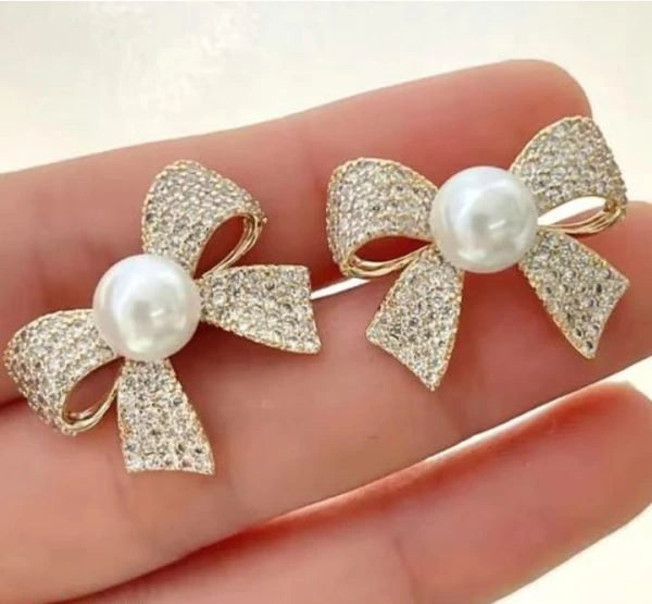 Korean Elegant Zircon Bow Style Earrings – Pearl Bow Earrings for Girls