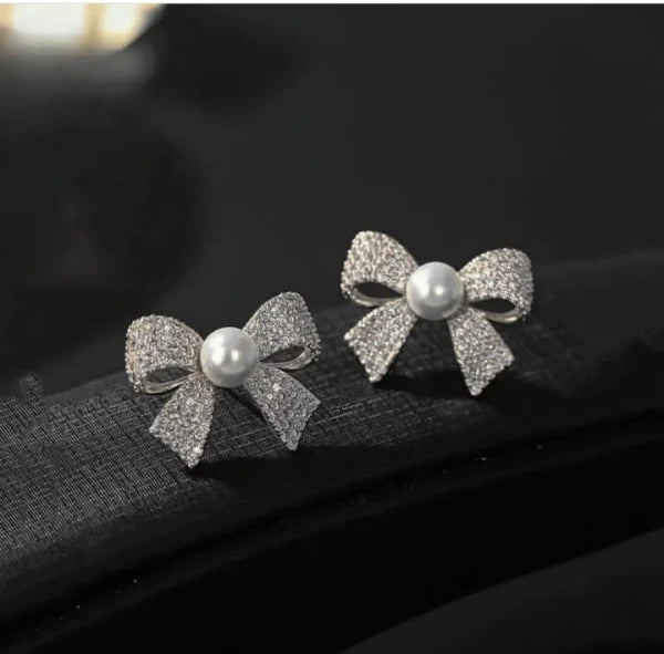 Korean Elegant Zircon Bow Style Earrings – Pearl Bow Earrings for Girls