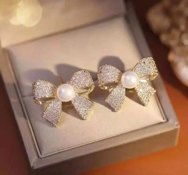 Korean Elegant Zircon Bow Style Earrings – Pearl Bow Earrings for Girls