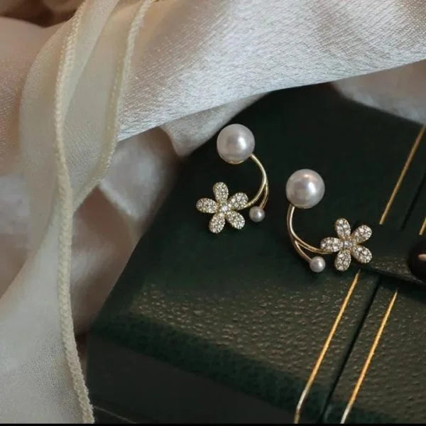 Korean Zircon Flower &amp; Pearl Front-Back Earrings for Girls