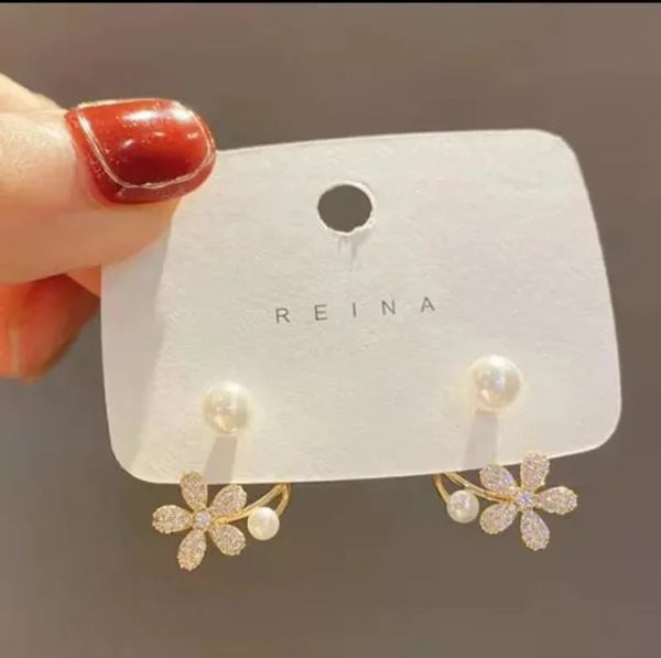 Korean Zircon Flower &amp; Pearl Front-Back Earrings for Girls