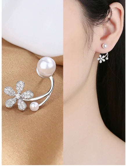 Korean Zircon Flower &amp; Pearl Front-Back Earrings for Girls