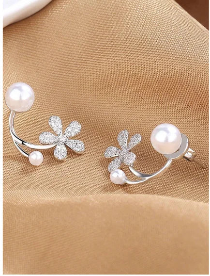 Korean Zircon Flower &amp; Pearl Front-Back Earrings for Girls