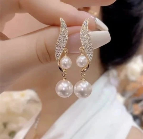 S-Shape Crystal Leaf Drop Elegant Pearl Zircon Korean Earrings