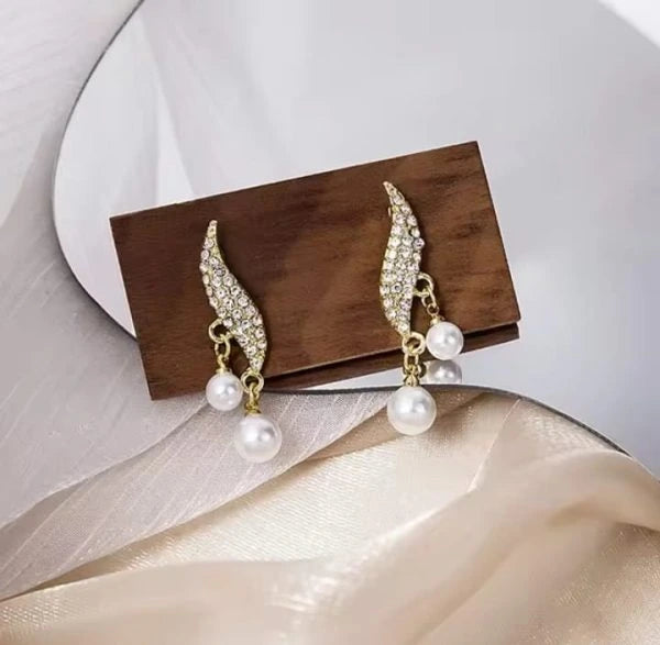 S-Shape Crystal Leaf Drop Elegant Pearl Zircon Korean Earrings