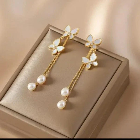 Elegant Pearl Butterfly Tassel Earrings – Unique Design for Women