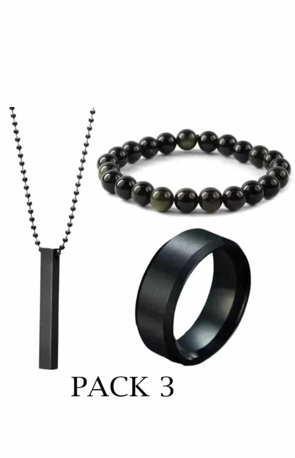 Pack of 3 Vertical Bar Boy’s Pendant, Ring, and Bracelet Set – Color Black