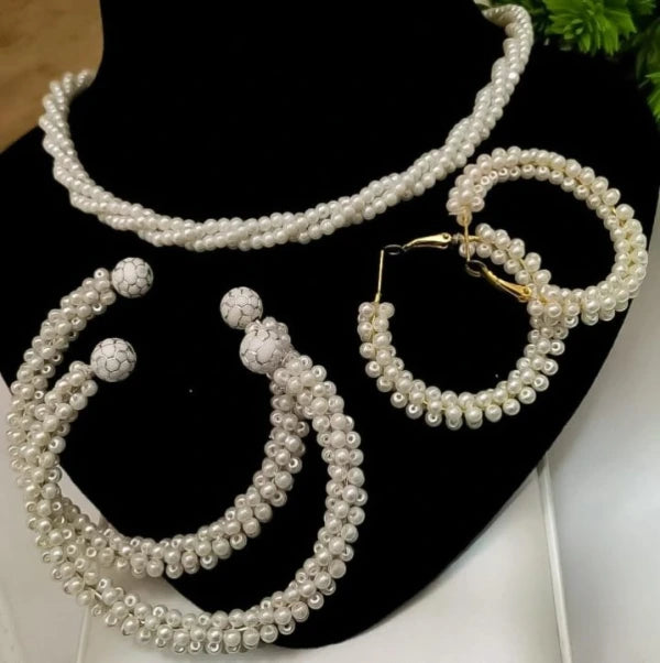 Women Pearl Elegant Jewelry Set – Kangan, Mala &amp; Earrings (White)