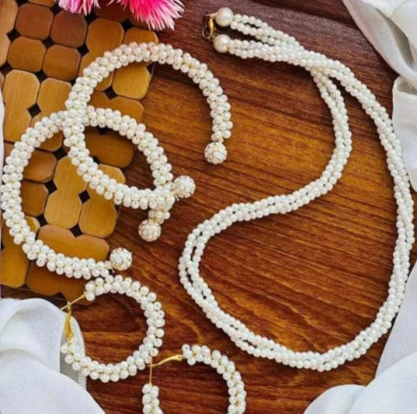 Women Pearl Elegant Jewelry Set – Kangan, Mala &amp; Earrings (White)